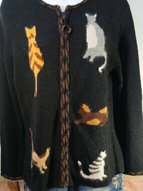 Coldwater Creek Small Zipper Cardigan Cats Black